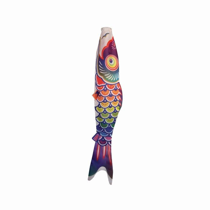 5' Spectrum Koi Fishsock showcasing a colorful koi design, hanging in a garden setting, gently waving in the breeze.