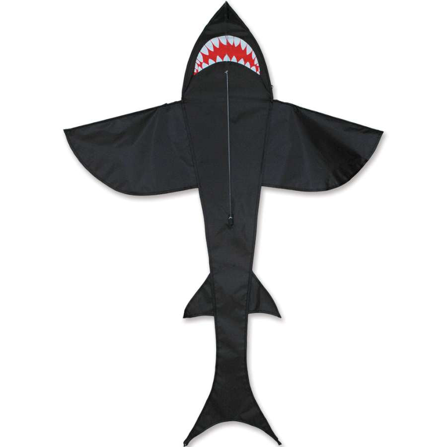 5 ft. Shark Kite in black soaring in the sky, showing a detailed predator silhouette, made from rip-stop polyester.