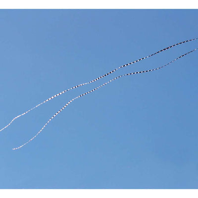 5 in. x 100 ft. Transition Tail - Black/White displayed trailing behind a colorful kite in a bright blue sky setting, enhancing the kite's visual impact.