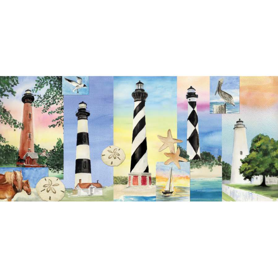5 Lighthouses windsock displaying colorful lighthouse designs, swaying gently in a garden setting against a clear blue sky.