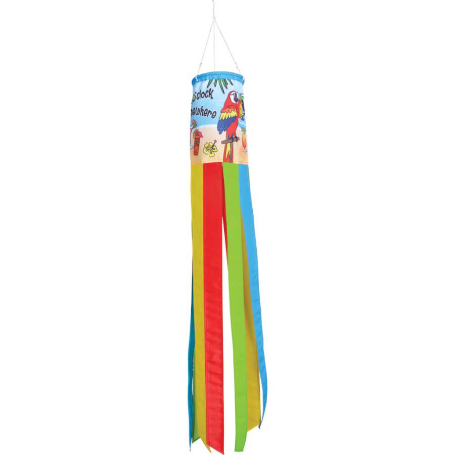 5 O'Clock Somewhere windsock featuring vibrant tropical designs swaying in the breeze, perfect for garden and patio decoration.