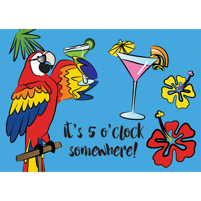 5 O'Clock Somewhere windsock featuring a colorful embroidered applique design, swaying gracefully in the wind in an outdoor garden.