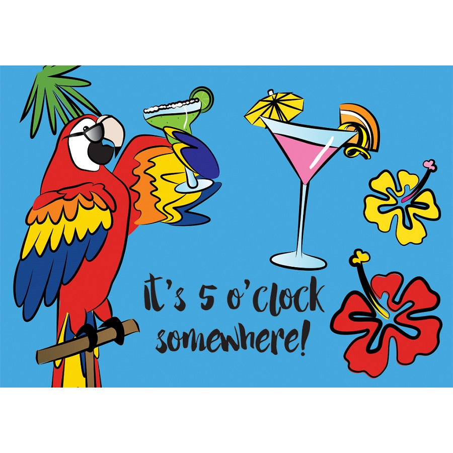 5 O'Clock Somewhere windsock featuring a colorful embroidered applique design, swaying gracefully in the wind in an outdoor garden.