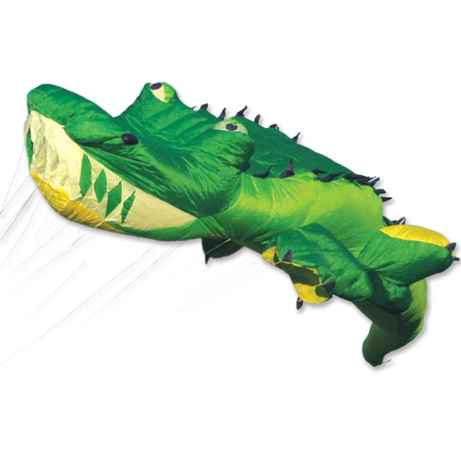 50 ft. Mega Green Alligator Kite by Bernhard Dingwert with vibrant green color, soaring in the sky against a clear backdrop.