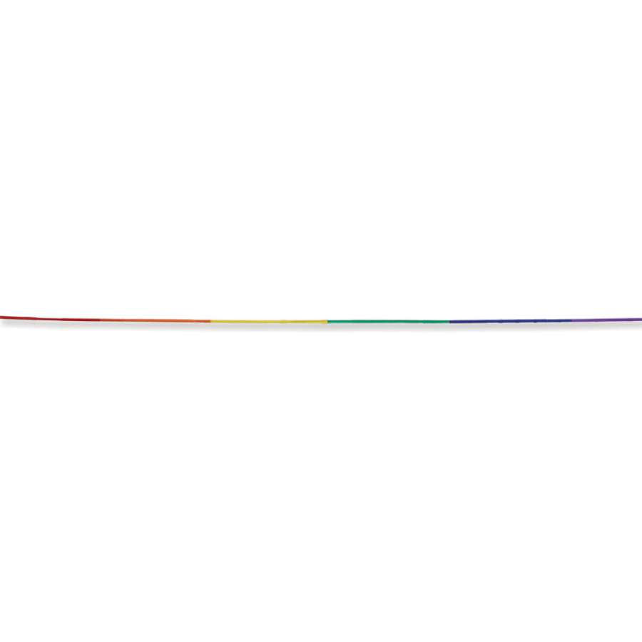 50 ft. Rainbow Streamer Tail made of durable nylon, fluttering in the wind, adding vibrant colors to a kite in the blue sky.