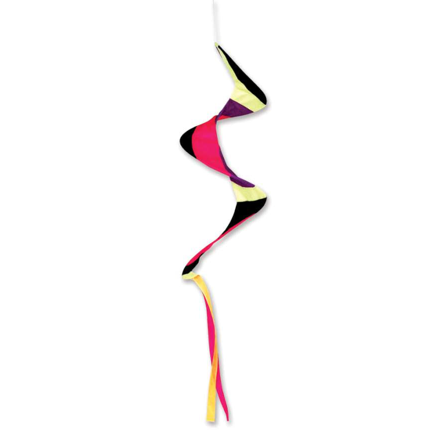 50 in. Whirlwind neon windsock featuring a colorful spiral design, gracefully fluttering in the outdoor breeze against a clear sky.