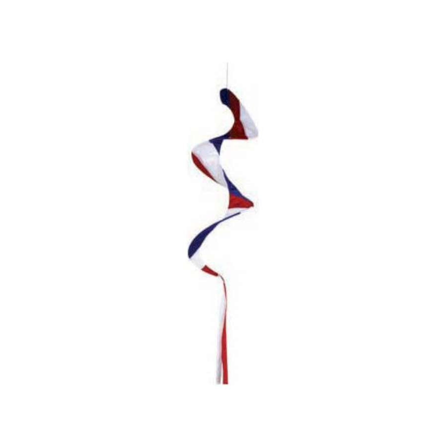 50 in. Whirlwind Windsock with red, white, and blue colors, elegantly fluttering in the breeze, showcasing its unique whirlwind shape.