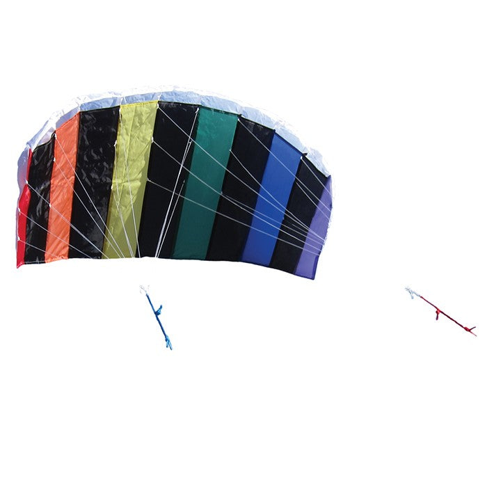 50-inch Sport Air Foil sport kite in rainbow colors, flying against a blue sky with puffy clouds, showcasing its aerodynamic design.