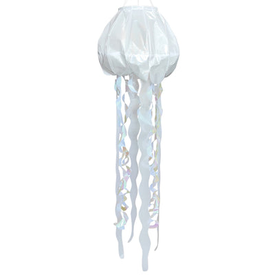 50-inch White Iridescent Jellyfish 3D Windsock with flowing tentacles, displayed outdoors, capturing sunlight with stunning iridescent colors.
