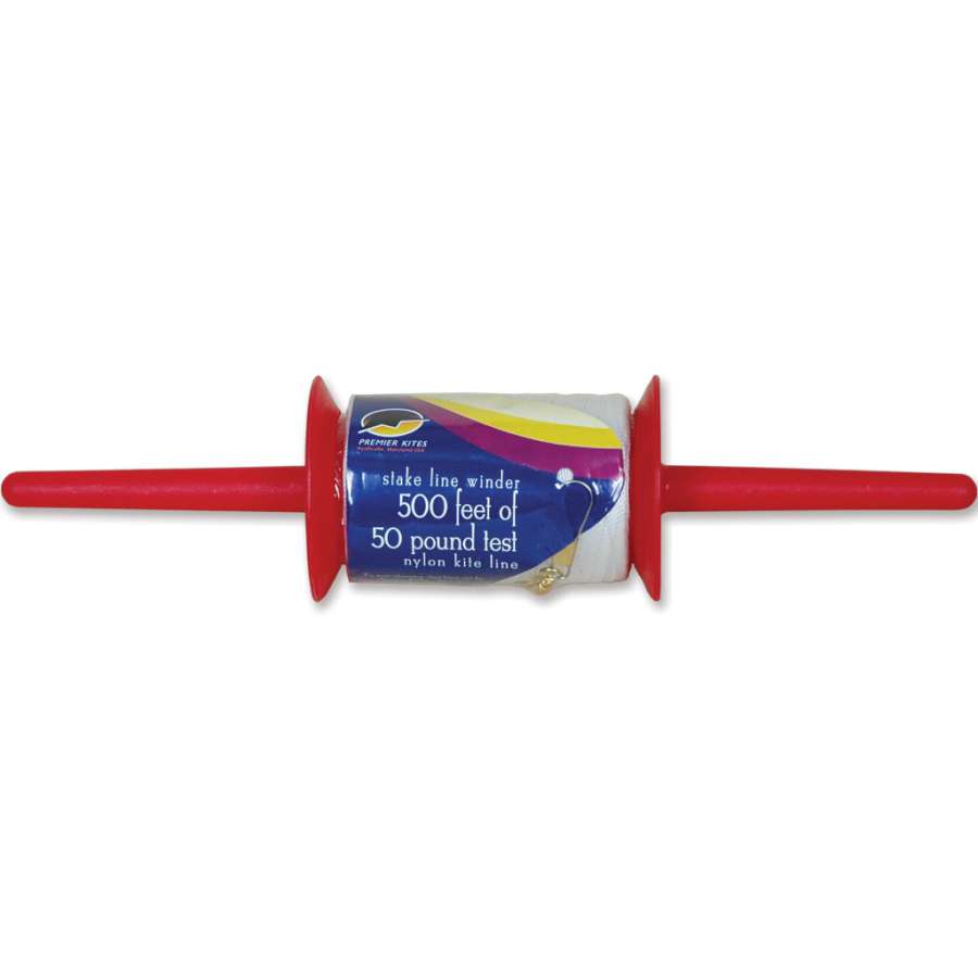 50 lb./500 ft. kite line with stake winder showcasing durable construction and snap swivel, ready for outdoor kite flying adventures.