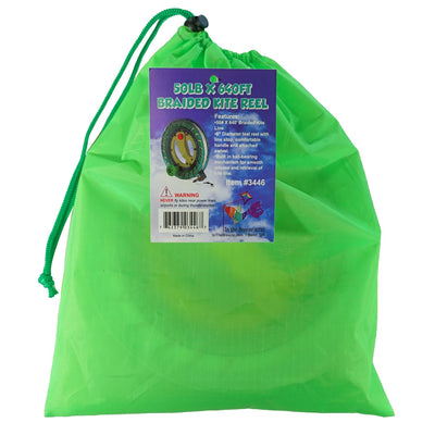 50 LB x 640' green kite reel featuring a sturdy plastic design and easy-lock mechanism, alongside a kite line smoothly wound for flying.