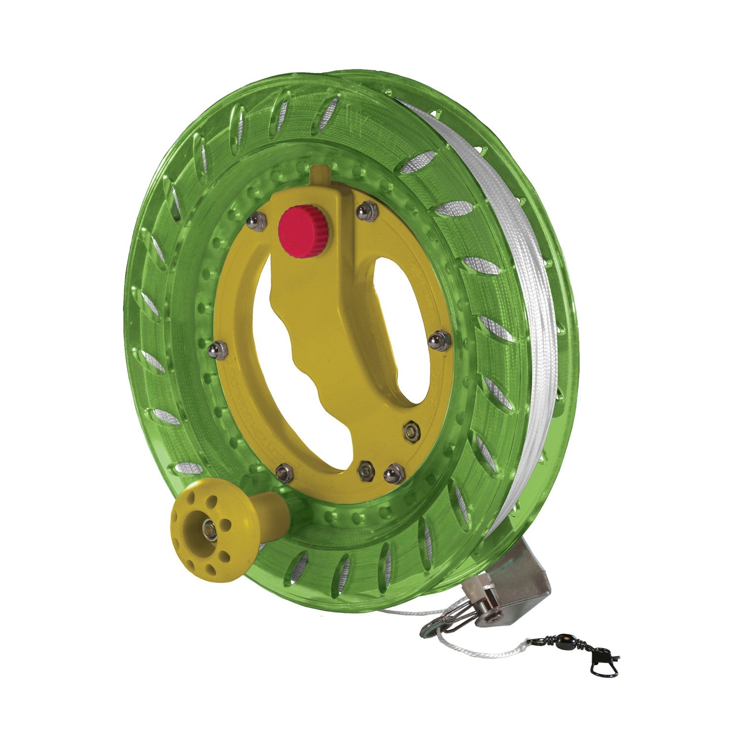 50 LB x 640' green kite reel featuring a sturdy plastic design and easy-lock mechanism, alongside a kite line smoothly wound for flying.