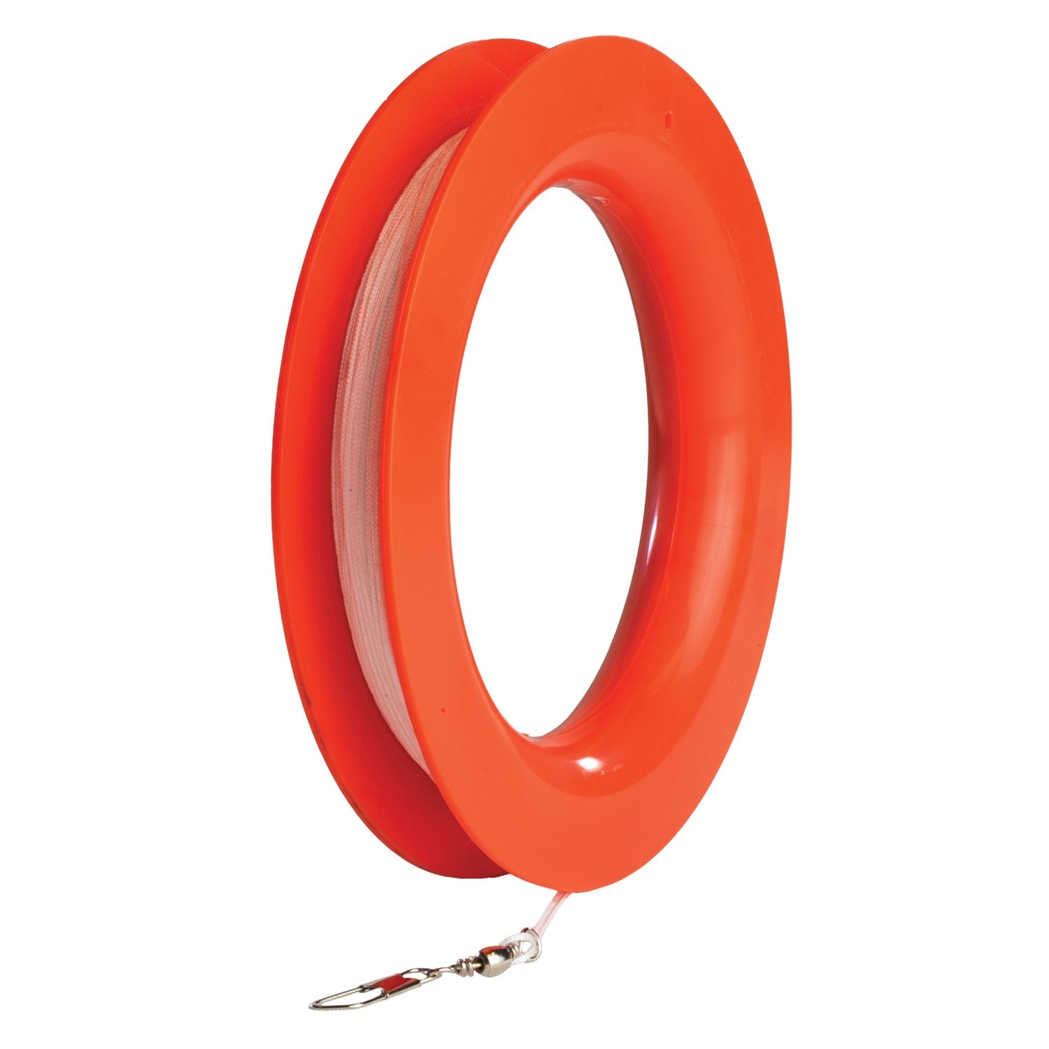 50 LB x 300' Braided Kite Line on a bright orange hoop with an attached snap swivel, showcasing its ready-to-use features for kite flying.