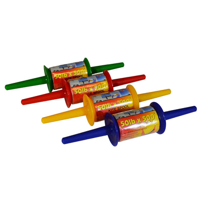 50 LB x 500' twisted kite line on spool featuring durable twisted polyester construction displayed on a colorful plastic spool.