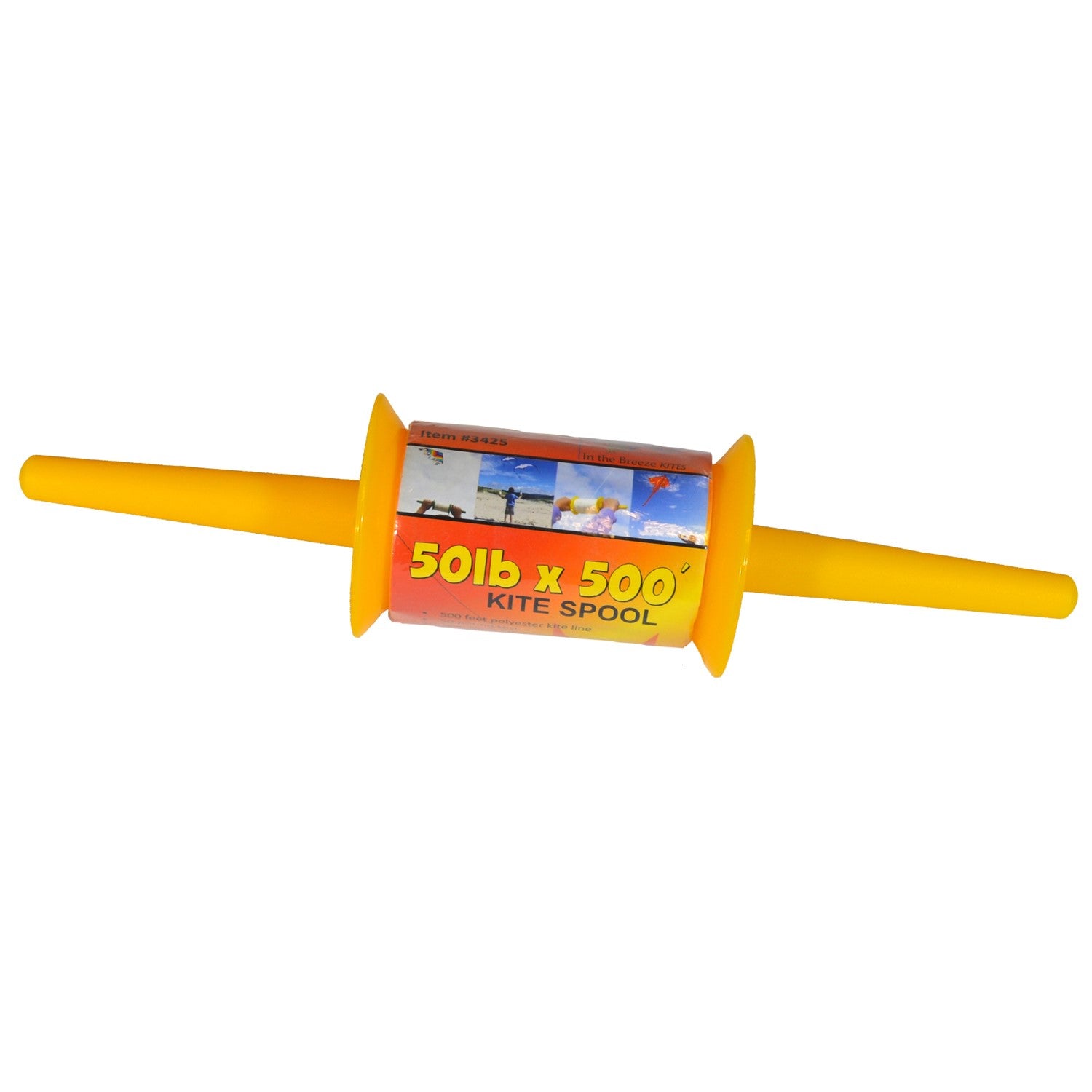 50 LB x 500' twisted kite line on spool featuring durable twisted polyester construction displayed on a colorful plastic spool.