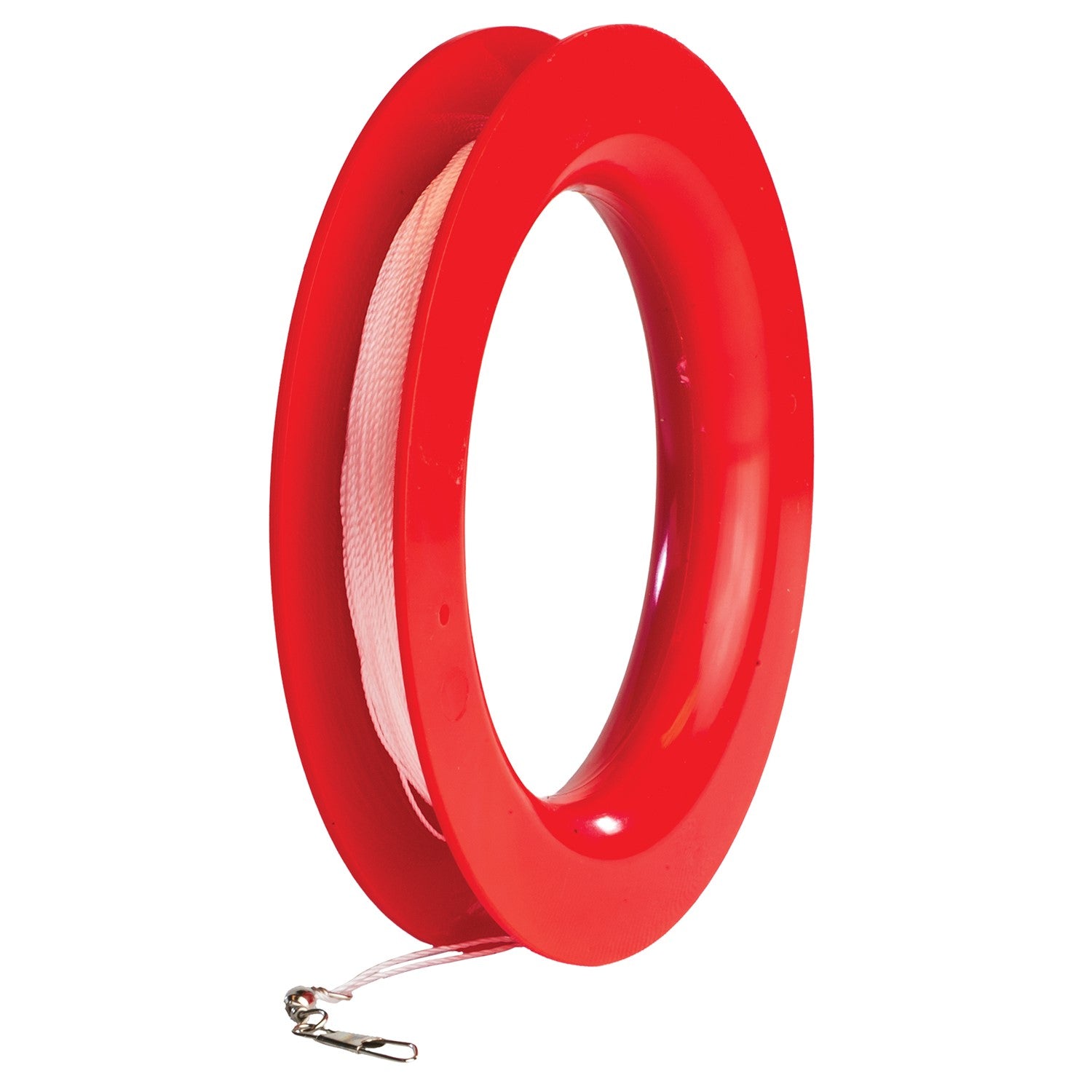 50 LB x 300' kite line on hoop featuring twisted polyester, red plastic hoop, and attached snap swivel for easy connectivity displayed outdoors.