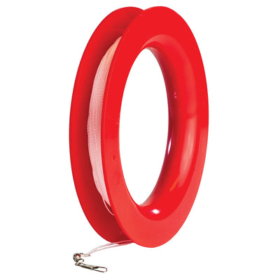 50 LB x 300' kite line on hoop featuring twisted polyester, red plastic hoop, and attached snap swivel for easy connectivity displayed outdoors.