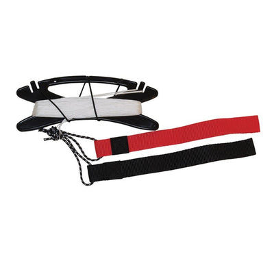 50# x 80' braided polyester line set for two-line kites with color-coordinated straps and line winder, perfect for outdoor kite flying.
