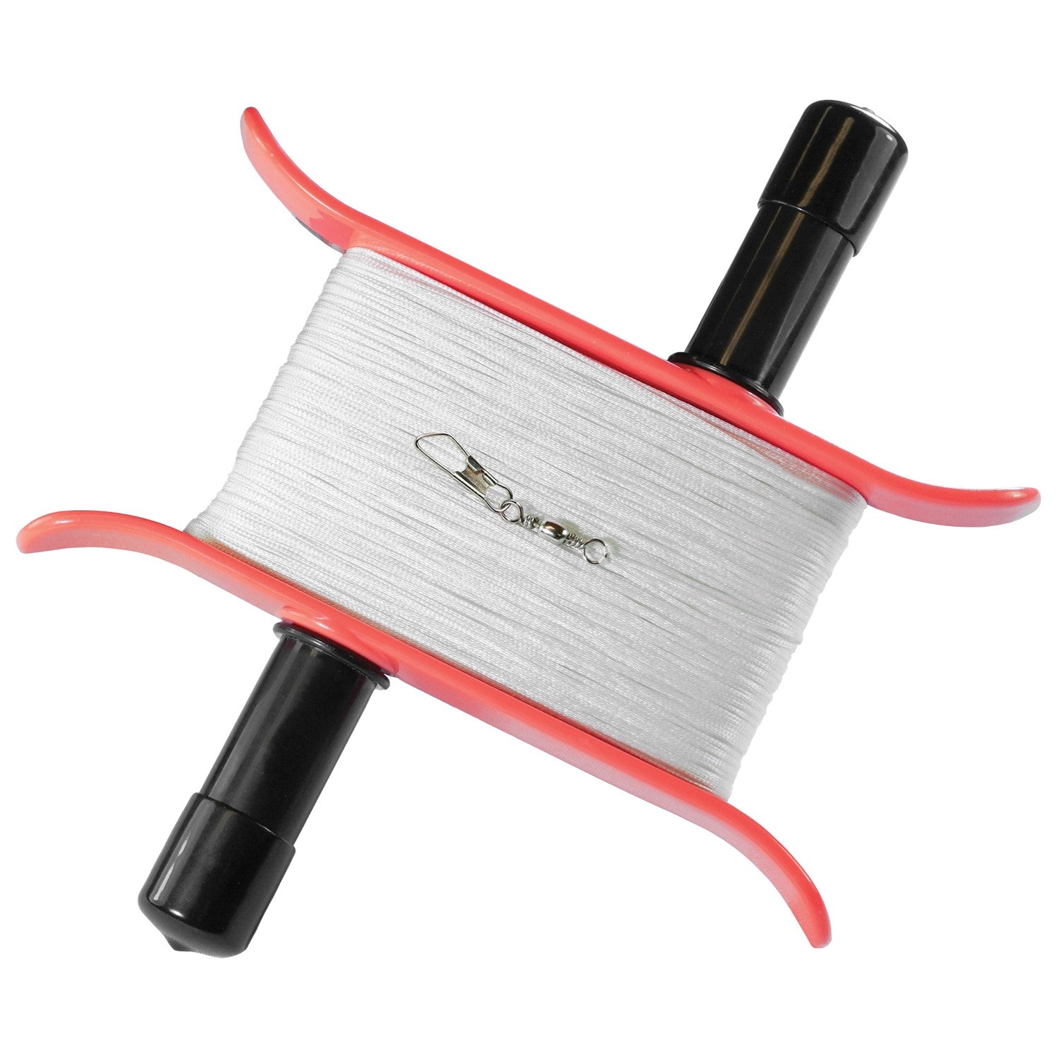 50lb x 500' Braided Breezy WinderTM in coral color with a swivel clip showcased against a clear blue sky, featuring braided kite line.