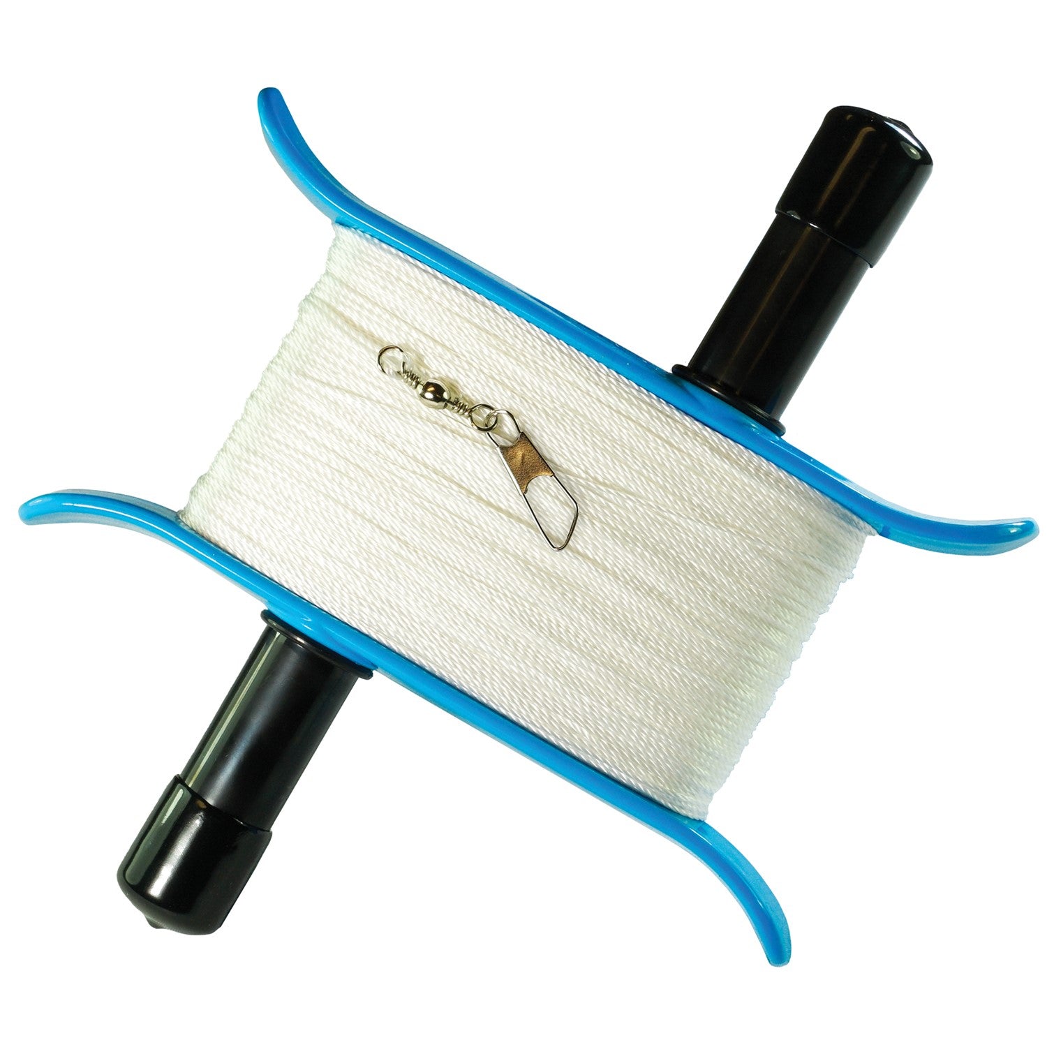 50lb x 500' Twisted Line Breezy WinderTM featuring a durable kite line in aqua color designed for effortless retraction and release, perfect for kite enthusiasts.