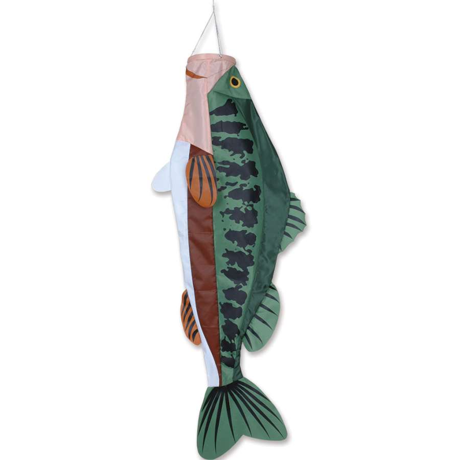 52 in. Large Mouth Bass Fish Windsock in vibrant colors, fluttering gently in the breeze, showcasing its three-dimensional design in an outdoor setting.