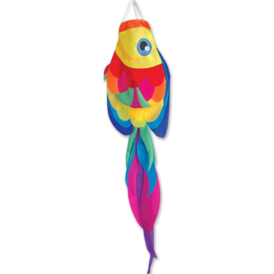 Colorful 52 in. Rainbow Tang Fish Windsock with a three-dimensional design swaying gently in the breeze, hanging from a flag pole.
