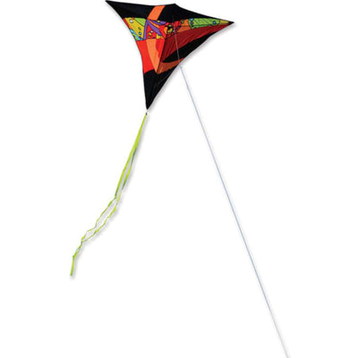 52 in. Travel Diamond Kite - Orbit Tron soaring high in the sky, showcasing its vibrant colors and diamond shape, perfect for family outings.
