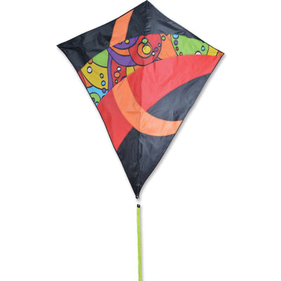 52 in. Travel Diamond Kite - Orbit Tron soaring high in the sky, showcasing its vibrant colors and diamond shape, perfect for family outings.