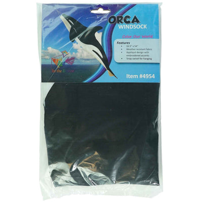 54-inch 3D Orca Windsock with embroidered details, gracefully swimming in the wind, showcasing its vibrant colors in an outdoor setting.