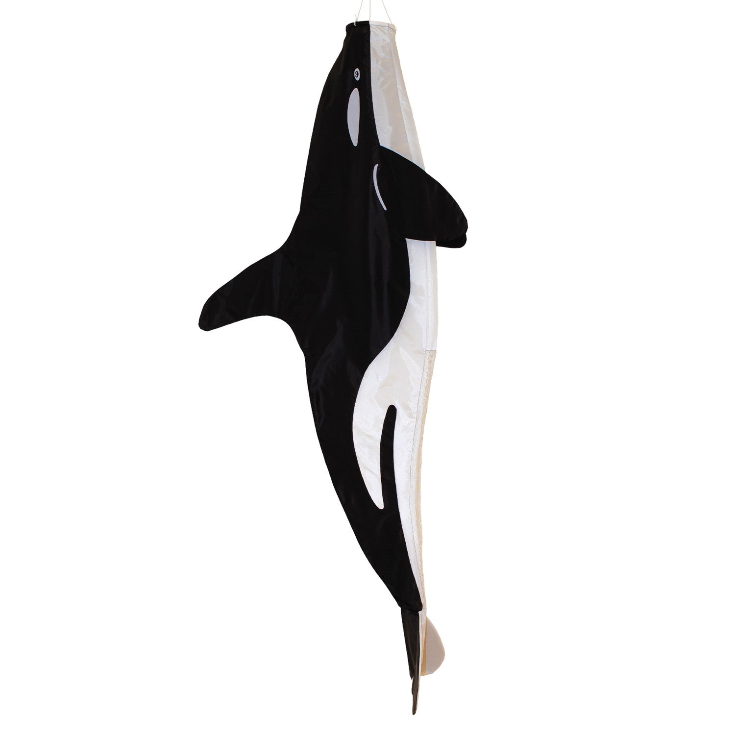 54-inch 3D Orca Windsock with embroidered details, gracefully swimming in the wind, showcasing its vibrant colors in an outdoor setting.