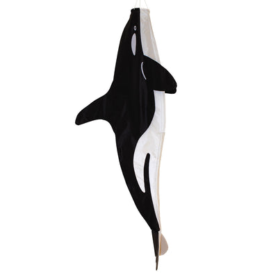 54-inch 3D Orca Windsock with embroidered details, gracefully swimming in the wind, showcasing its vibrant colors in an outdoor setting.