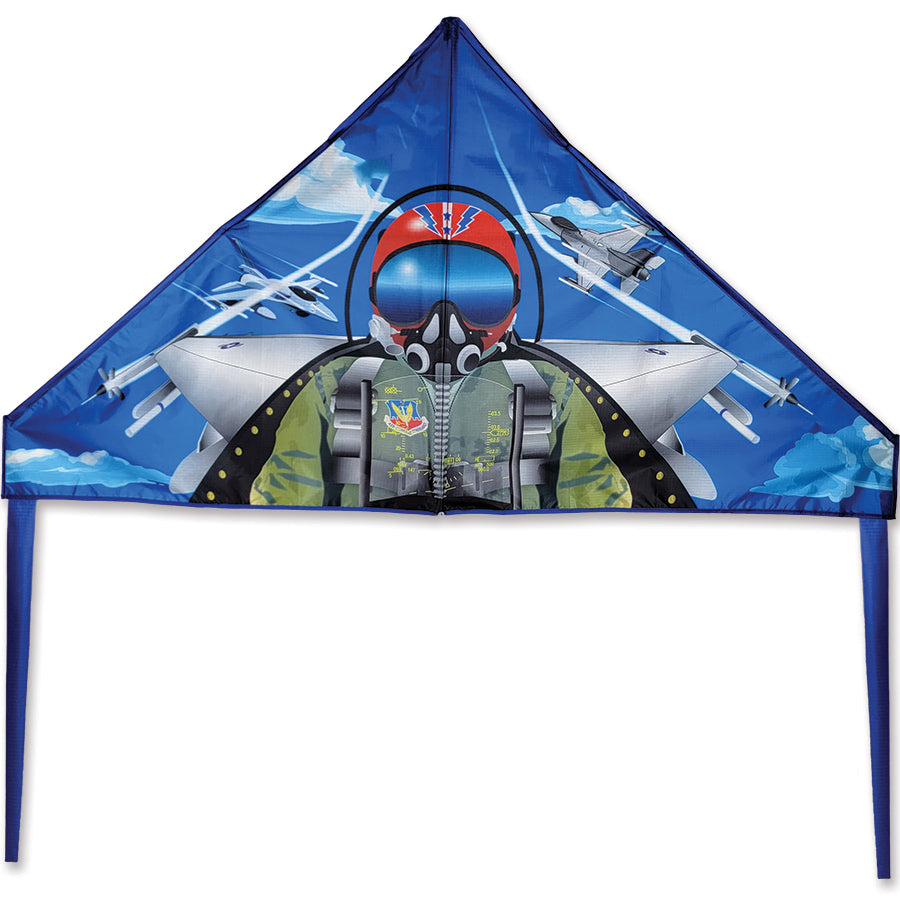 56 in. Delta Kite - Fighter Pilot soaring in the sky, showcasing vibrant colors and streamlined design against a blue background.