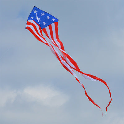 56 In. Delta Kite w/Tails soaring high in the sky, displaying vibrant red, white, and blue colors with long tapering tails.