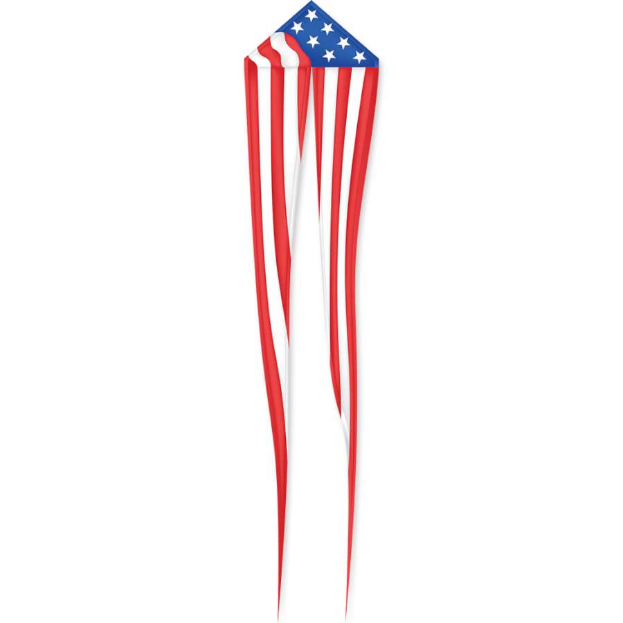 56 In. Delta Kite w/Tails soaring high in the sky, displaying vibrant red, white, and blue colors with long tapering tails.