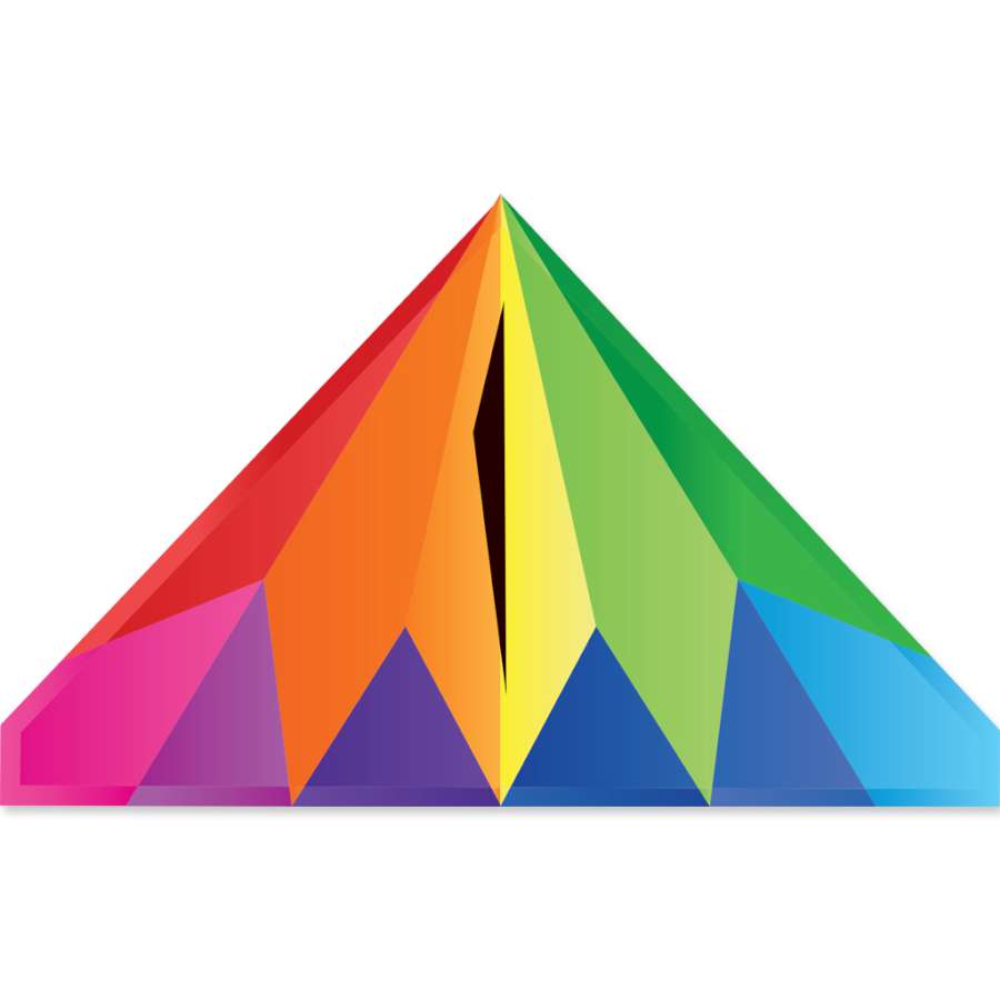 56 in. Delta Kite - Rainbow Prism flying in a clear blue sky, showcasing its vibrant colors and durable construction during outdoor play.