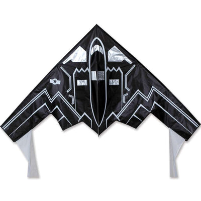 56 in. Delta Kite - Stealth Bomber soaring in the sky, measuring 56 x 28 inches, showcasing durable ripstop polyester construction.