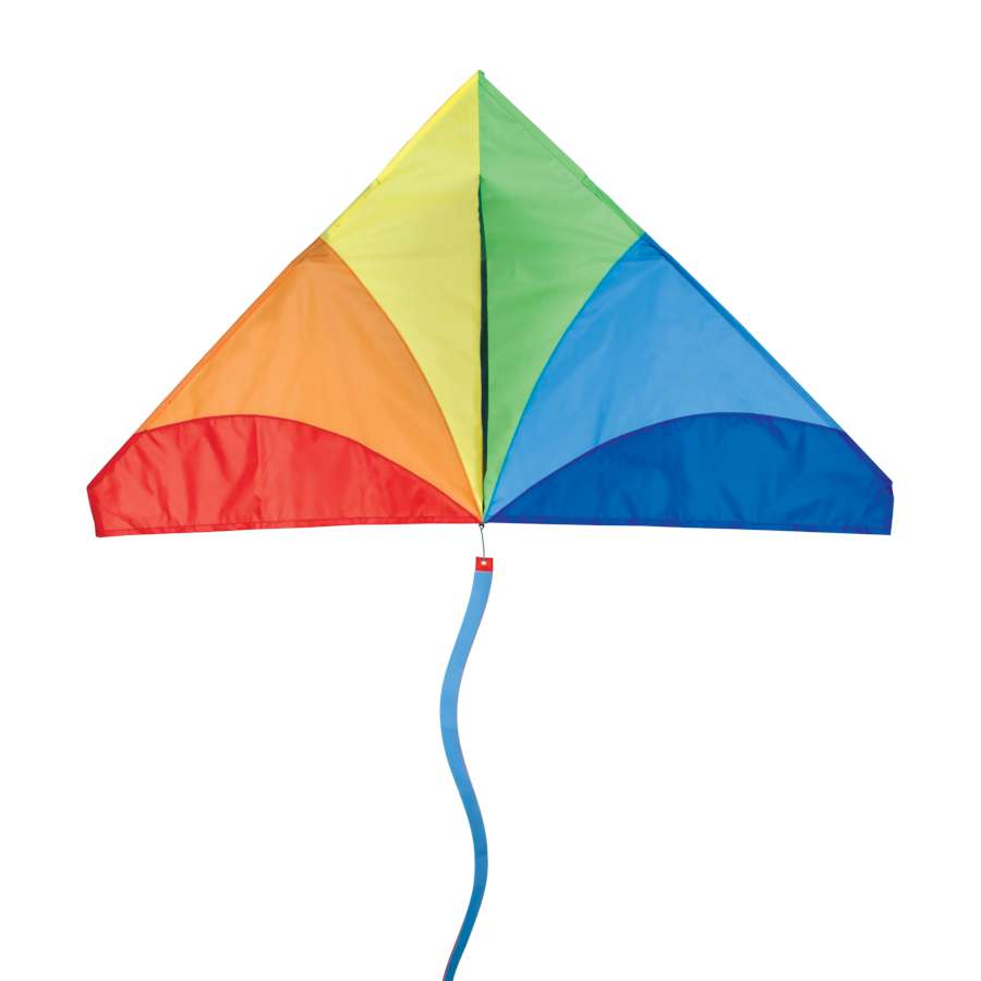 56 in. Delta Kite - Traditional Rainbow flying high in a clear blue sky, showcasing its vibrant colors and sturdy design.