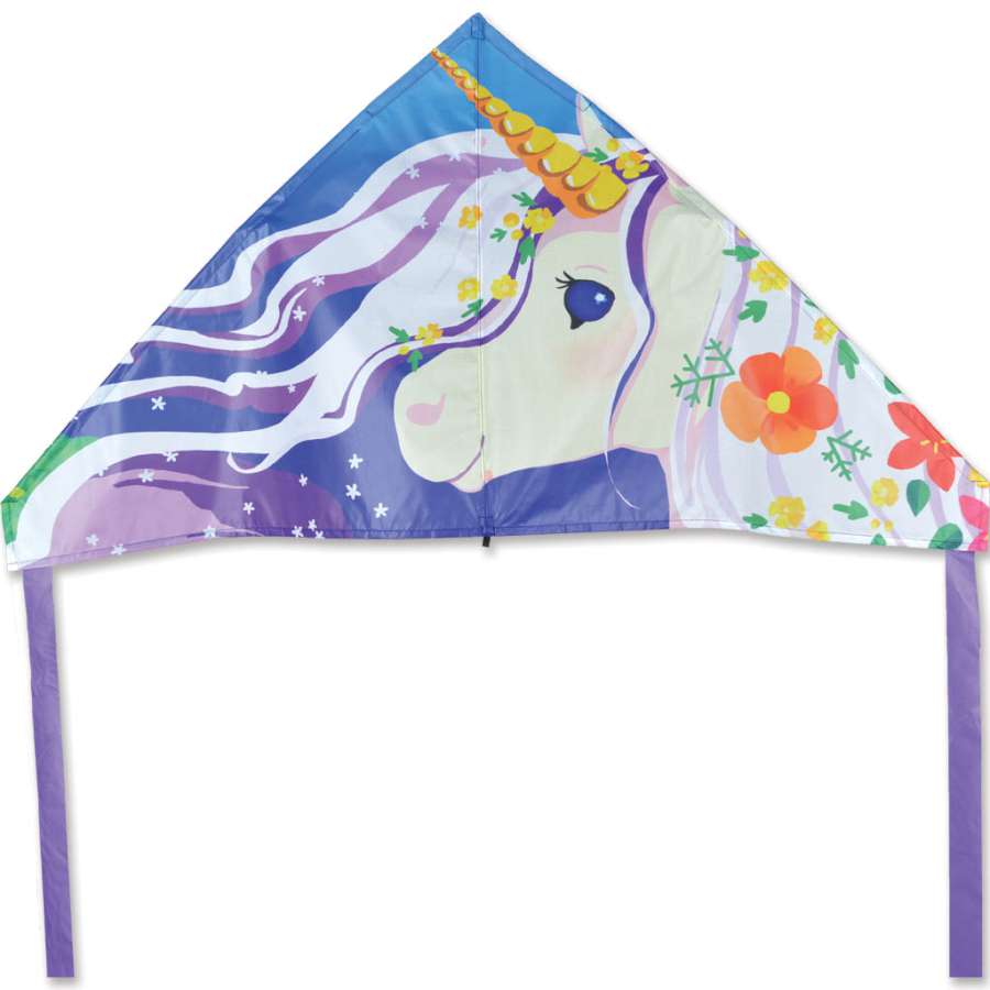 56 in. Delta Kite - Unicorn soaring high in the sky with a vibrant design, perfect for families and kids, in a park setting.