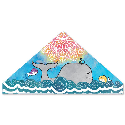 56 in. Delta Kite featuring a Whale Mandala design flying high against a clear blue sky, showcasing the vibrant colors and unique artistic pattern.
