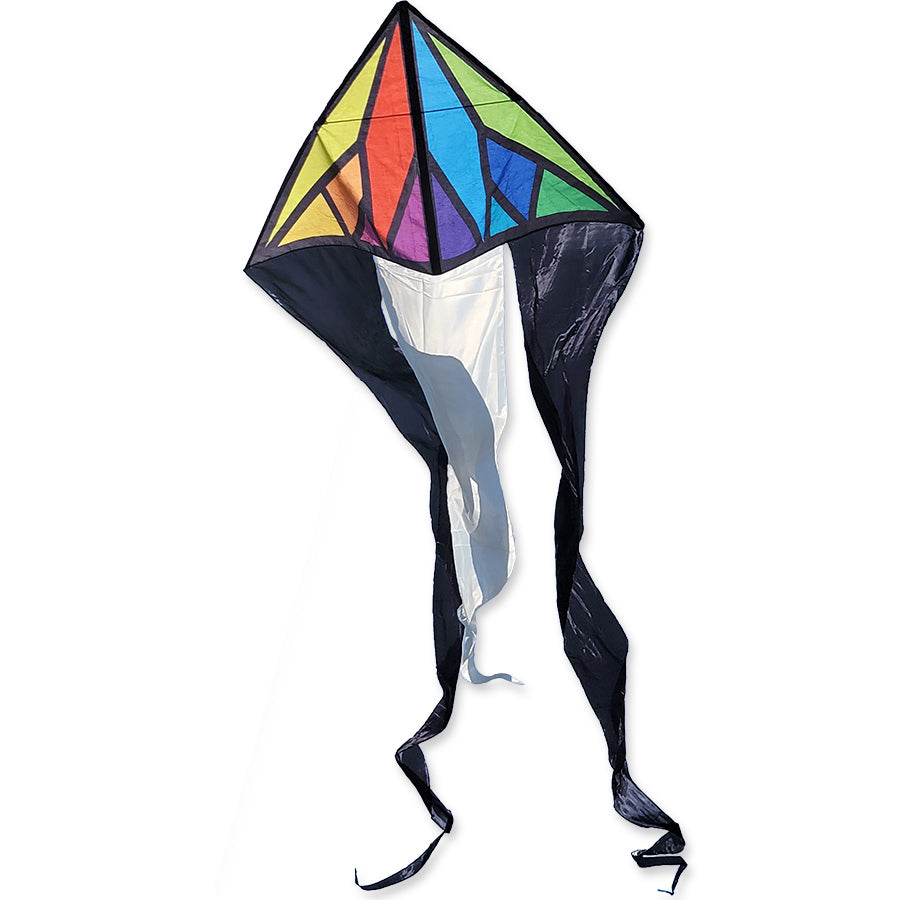 56 in. Flo-Tail Delta Kite soaring in the sky with long flowing tails, perfect for outdoor adventures.