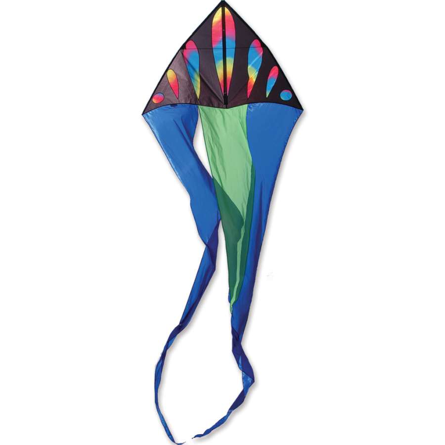 56 in. Flo-Tail Delta Kite in vibrant colors soaring in the sky with flowing tails, perfect for outdoor family fun and events.