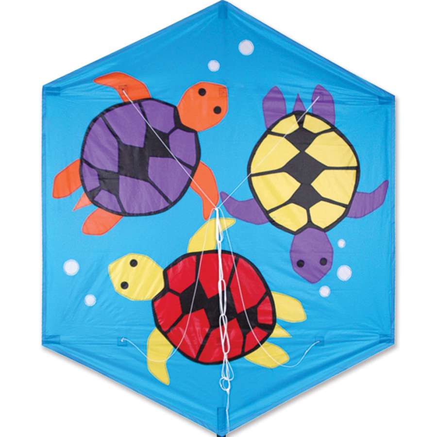 56 in. Rokkaku Kite featuring vibrant sea turtles design flying high in a clear blue sky, measuring 46 x 56 inches.