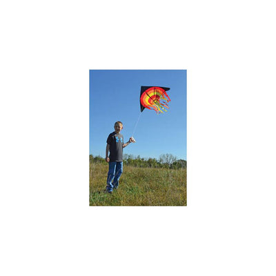 56 in. Stream Delta Kite - Fire Ball soaring against a blue sky with colorful streamers dancing in the wind, showcasing its vibrant delta design.