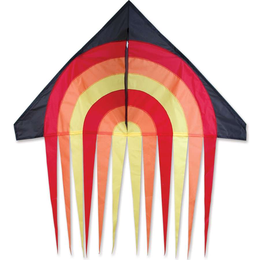 56 in. Stream Delta Kite - Fire Ball soaring against a blue sky with colorful streamers dancing in the wind, showcasing its vibrant delta design.