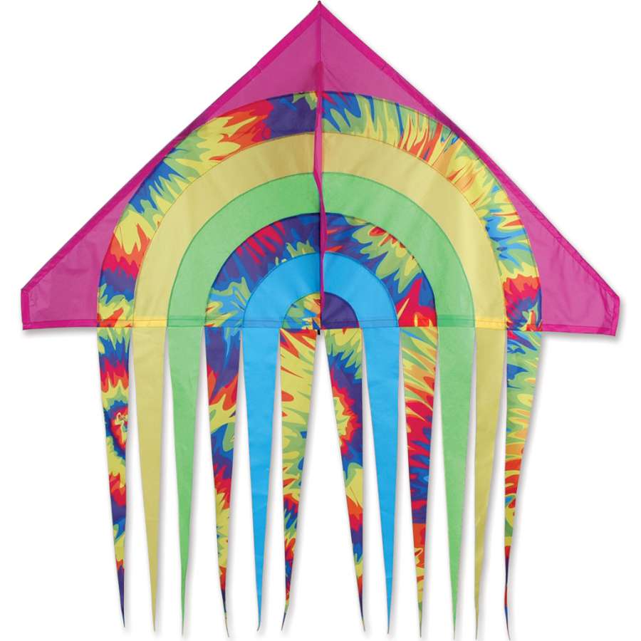 56 in. Stream Delta Kite with a vibrant tie-dye pattern flying against a clear blue sky, showcasing its colorful streamers in motion.