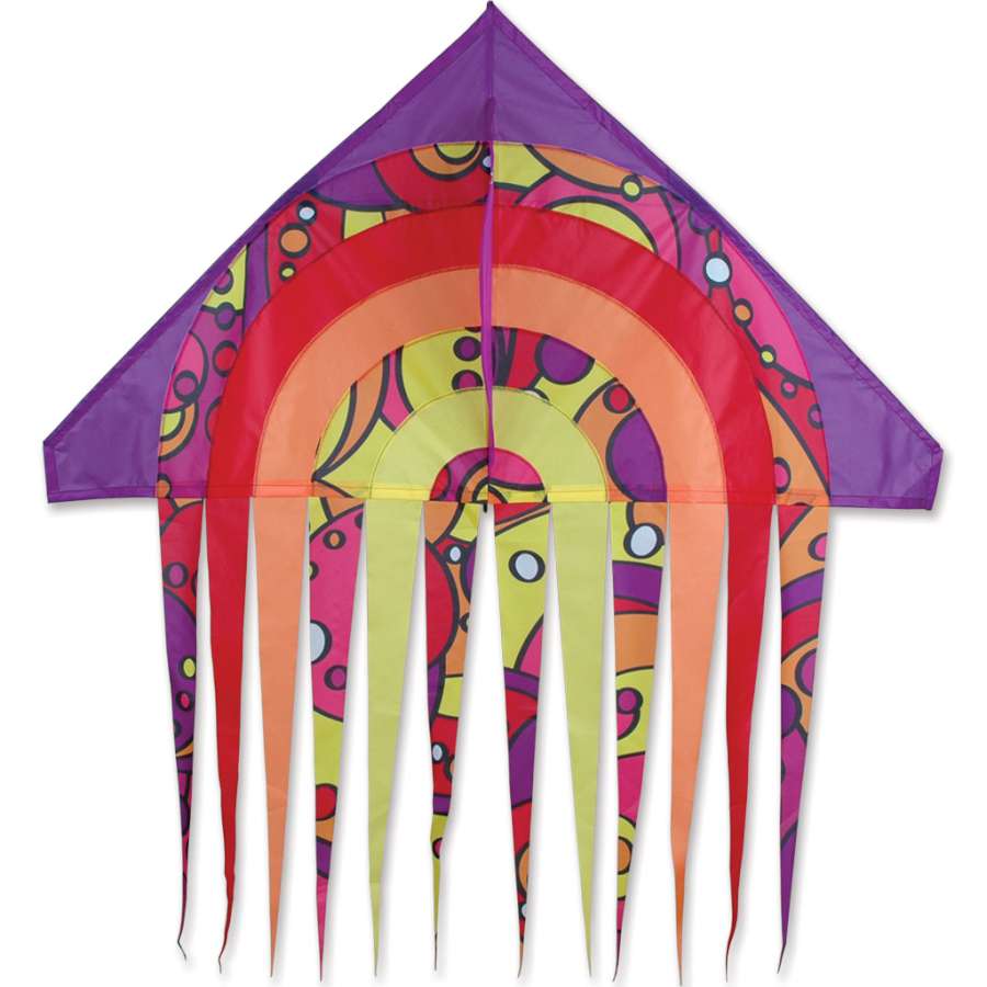 56 in. Stream Delta Kite - Warm Orbit with colorful retro graphics soaring against a clear blue sky, showcasing its 56 x 54 inch size.