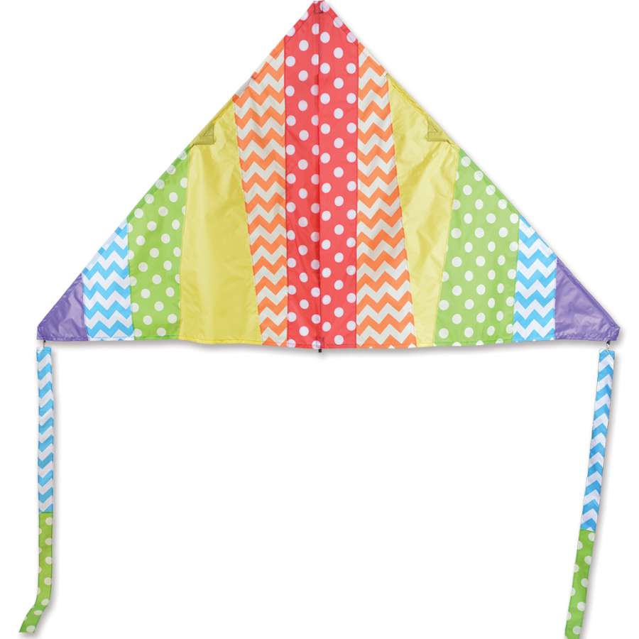 6.5 ft. Delta Kite in a bright rainbow pattern flying against a blue sky, showcasing its stability and colorful wing-tip tails.