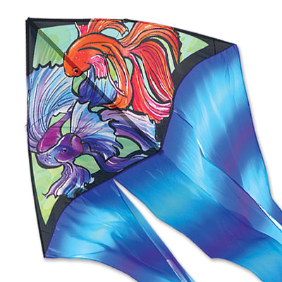 6.5 ft. Flo-Tail Delta kite with long flowing tails flying in a clear blue sky, perfect for outdoor recreational activities.