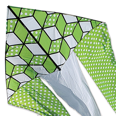 6.5 ft. Flo-Tail Delta Kite in vibrant green, featuring long flowing tails, soaring against a blue sky, perfect for outdoor fun.