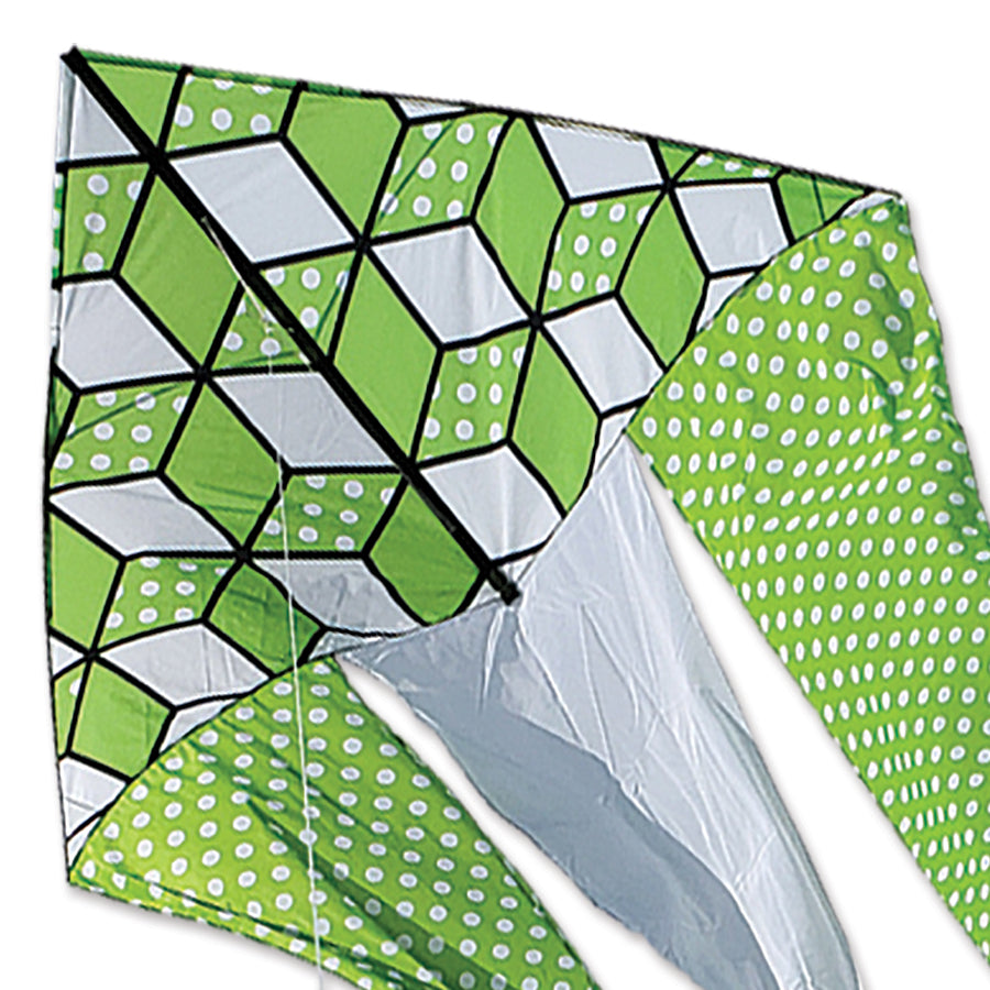 6.5 ft. Flo-Tail Delta Kite in vibrant green, featuring long flowing tails, soaring against a blue sky, perfect for outdoor fun.